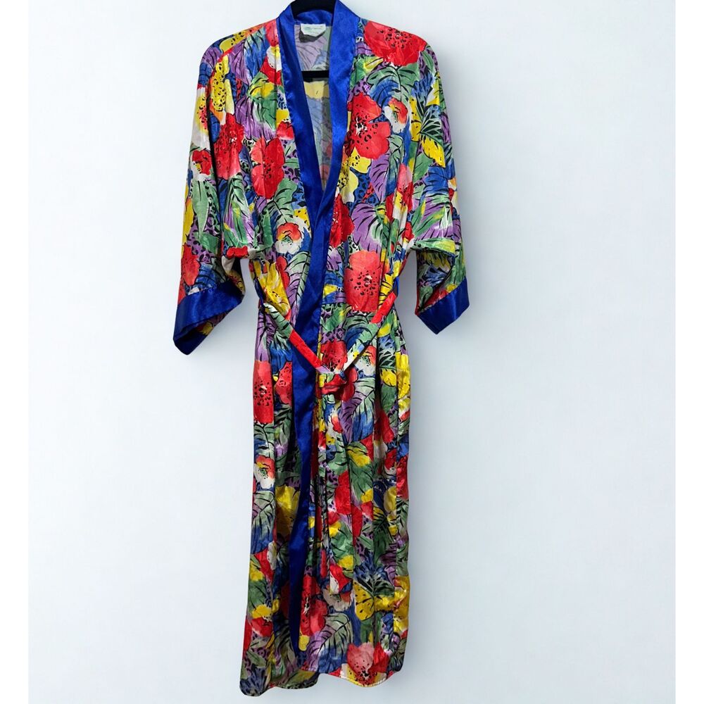 Vintage Cypress Tropical Floral Satin Kimono Robe Womens M Long Belted Colorful